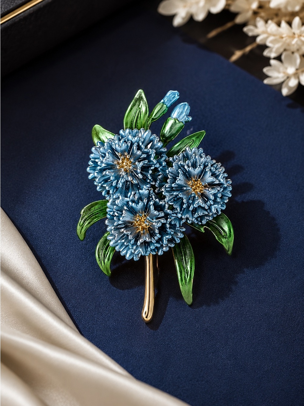 Blue Floral Bouquet Enamel Brooch with Green Leaves - Picture 2 of 6